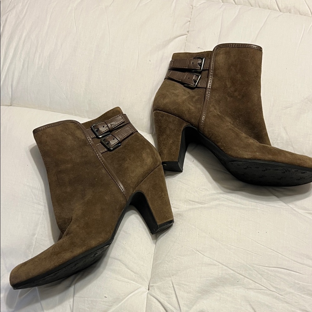 Sofft Brown Suede Ankle Booties with Buckle Detail